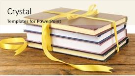  Presentation with tan book stack stacks of books - Amazing slide set having bookstore advertising - stack of books with ribbon backdrop and a blonde colored foreground