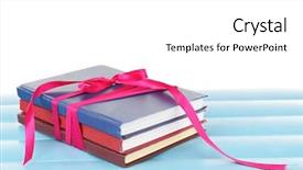  Presentation with stack books - PPT theme featuring bookstore advertising - stack of books with ribbon background and a  colored foreground
