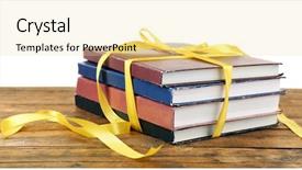  Presentation with tan book stack stacks of books - Slide deck featuring bookstore advertising - stack of books with ribbon background and a  colored foreground