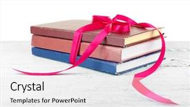  Presentation with public health stack of books - Beautiful slide deck featuring bookstore advertising - stack of books with ribbon backdrop and a  colored foreground