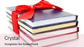  Presentation with tan book stack stacks of books - Beautiful PPT theme featuring bookstore advertising - stack of books with ribbon backdrop and a lemonade colored foreground