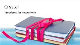  Presentation with stack books - Amazing slide set having bookstore advertising - stack of books with ribbon backdrop and a  colored foreground