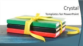  Presentation with tan book stack stacks of books - Presentation theme enhanced with bookstore advertising - stack of books with ribbon background and a  colored foreground