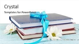  Presentation with tan book stack stacks of books - Presentation theme enhanced with bookstore advertising - stack of books with ribbon background and a white colored foreground