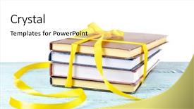  Presentation with tan book stack stacks of books - Slide set consisting of bookstore advertising - stack of books with ribbon background and a  colored foreground