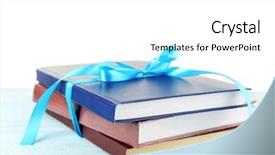  Presentation with stack books - Slide deck featuring bookstore advertising - stack of books with ribbon background and a  colored foreground