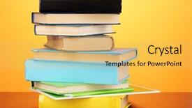  Presentation with stack books - Audience pleasing PPT theme consisting of bookstore advertising - stack of interesting books backdrop and a yellow colored foreground