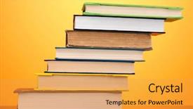  Presentation with tan book stack stacks of books - PPT theme enhanced with bookstore advertising - stack of interesting books background and a yellow colored foreground