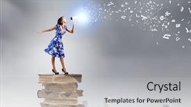  Presentation with bookstore - Cool new presentation theme with bookstore advertising - young woman in blue dress backdrop and a light gray colored foreground