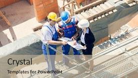  Presentation with building plans - PPT theme enhanced with boom - construction worker and architect discussing background and a soft green colored foreground