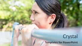  Presentation with woman pushing shopping trolley - Presentation theme consisting of boost up - sport woman doing push up background and a light blue colored foreground