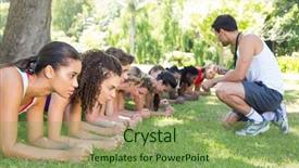 Presentation with group fitness - Beautiful slide deck featuring boot camp - fitness group planking in park backdrop and a seafoam green colored foreground