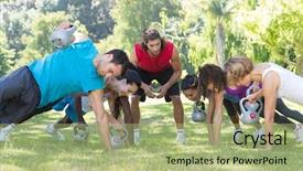 Presentation with boot camp - PPT layouts enhanced with boot camp - fitness group planking in park background and a mint green colored foreground