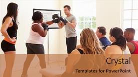  Presentation with exercise class - Cool new presentation theme with boot camp - fitness instructor in exercise class backdrop and a coral colored foreground