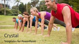  Presentation with boot camp - Cool new PPT theme with boot camp - happy athletic group training backdrop and a yellow colored foreground