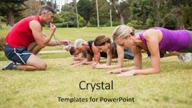  Presentation with group training - Cool new slides with boot camp - happy athletic group training backdrop and a soft green colored foreground