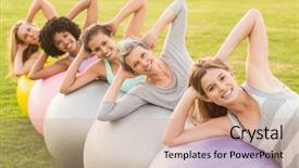  Presentation with village india women working - Beautiful slide deck featuring boot camp - portrait of smiling sporty women backdrop and a coral colored foreground