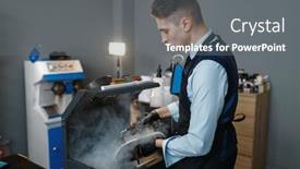  Presentation with machine - Beautiful presentation featuring bootmaker-processes-the-shoes backdrop and a gray colored foreground