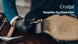  Presentation with shoe insert - Slide set with bootmaker-repairing-the-shoe-footwear background and a wine colored foreground