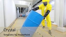  Presentation with worker - Colorful slides enhanced with boots rolling barrel of chemical backdrop and a mint green colored foreground