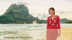  Presentation with luxury travel - Theme having bora bora luxury vacation beautiful asian tourist woman on tahiti french polynesia cruise ship travel adventure girl smiling wearing lei flower necklace on sunset beach walk background and a soft green colored foreground