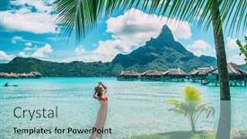 Presentation with polynesia - Colorful presentation theme enhanced with bora bora tahiti vacation woman at luxury hotel in french polynesia tourist enjoying tropical summer resort lifestyle backdrop and a light blue colored foreground