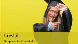  Presentation with creativity - Cool new slides with education border - young beautiful woman wearing graduated backdrop and a gold colored foreground