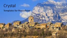  Presentation with photovoltaic mountain - Amazing PPT theme having border town - ainsa- authentic mountain village backdrop and a light blue colored foreground