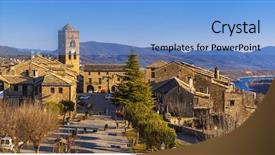  Presentation with mountain - Slide set with border town - ainsa- authentic mountain village background and a light blue colored foreground