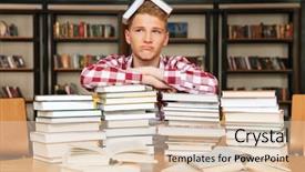  Presentation with public health stack of books - PPT theme having bore pile - upset teenage boy sitting background and a  colored foreground