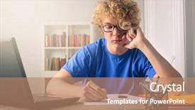  Presentation with homework - Colorful PPT theme enhanced with bore student - young boy doing homework backdrop and a coral colored foreground