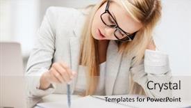  Presentation with taking notes - Colorful slide set enhanced with business and education concept - indoor backdrop and a mint green colored foreground