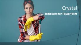  Presentation with rubber gloves - Presentation featuring bored-attractive-woman-wearing-apron background and a teal colored foreground