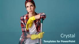  Presentation with rubber gloves - Cool new presentation design with bored-attractive-woman-wearing-apron backdrop and a ocean colored foreground