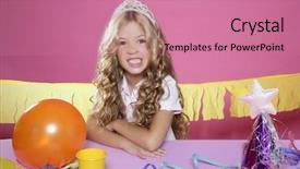  Presentation with pink birthday - Beautiful presentation featuring bored little blond girl in a birthday party with cake and candle on pink background backdrop and a coral colored foreground