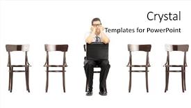  Presentation with job interview - Audience pleasing slide deck consisting of bored man with leather suitcase sitting on a wooden chair waiting for job interview isolated on white background backdrop and a cream colored foreground