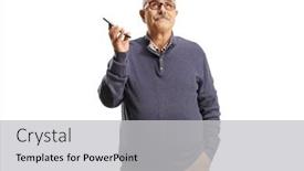  Presentation with listening - PPT theme featuring bored-mature-man-listening background and a light gray colored foreground