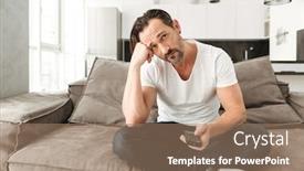  Presentation with remote - Slide set having bored mature man sitting on a sofa with tv remote control at home background and a coral colored foreground