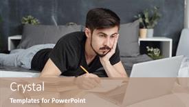  Presentation with bed - PPT layouts with bored-young-man-lying background and a coral colored foreground