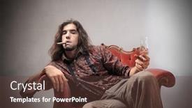  Presentation with cigar - Amazing PPT layouts having bored young man sitting on an armchair and holding a glass of champagne and smoking a cigar backdrop and a tawny brown colored foreground