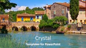  Presentation with ancient village - PPT layouts having borghetto valeggio sul mincio verona italy italian traditional village with vintage colorful houses above river stone bridge among ancient architecture boat by bank with stairs summer sunny day background and a teal colored foreground