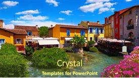  Presentation with ancient village - Presentation design consisting of borghetto valeggio sul mincio verona italy italian traditional village with vintage colorful houses above river stone bridge among ancient architecture flowers and greens summer sunny day background and a tawny brown colored foreground