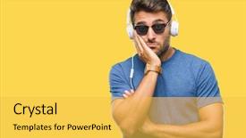  Presentation with old wite man and his music - Slides enhanced with boring - young handsome man wearing headphones background and a yellow colored foreground