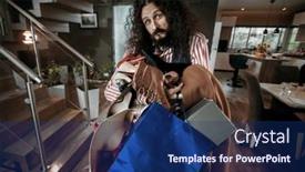  Presentation with carrying school bag - PPT theme enhanced with boring-man-carrying-shoping-bags background and a navy blue colored foreground