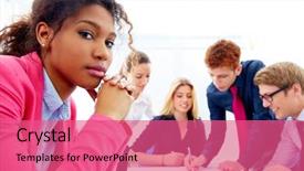  Presentation with african american meeting - Presentation design featuring boring meeting african businesswoman gesture background and a coral colored foreground