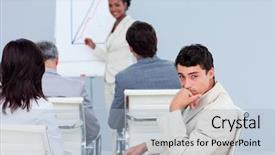  Presentation with versailles conference - Slides consisting of boring speech - bored businessman at a conference background and a light blue colored foreground