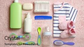  Presentation with clothing - Theme having born - baby care accessories and clothing background and a coral colored foreground