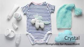  Presentation with baby toy - Cool new PPT theme with born - composition of bodysuit crochet toy backdrop and a light blue colored foreground