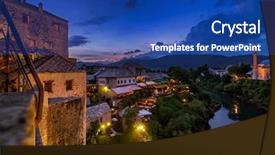  Presentation with bosnia old castle history - Slide deck having bosnien - old bridge in mostar background and a ocean colored foreground