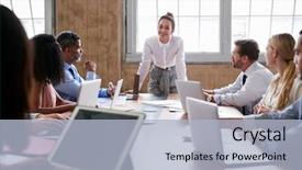  Presentation with meeting - Slide deck having boss day - businesswoman addressing colleagues background and a light blue colored foreground